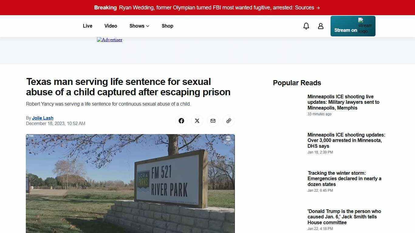 Texas man serving life sentence for sexual abuse of a child captured after escaping prison - ABC News